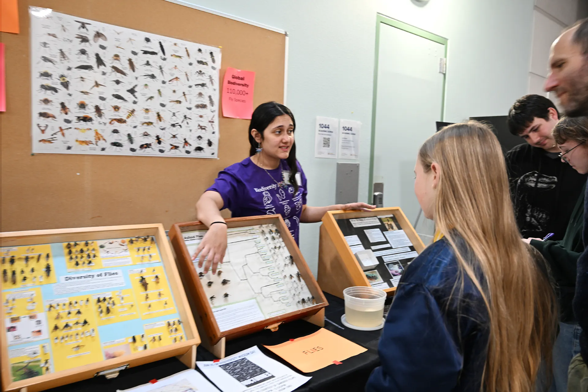 Carla-Cristina “CC” Edwards, a doctoral candidate in the lab of UC Davis medical entomologist-geneticist Geoffrey Attardo, works a booth at the Bohart Museum of Entomology during the 2025 UC Davis Biodiversity Museum Day. (Photo by Kathy Keatley Garvey)
