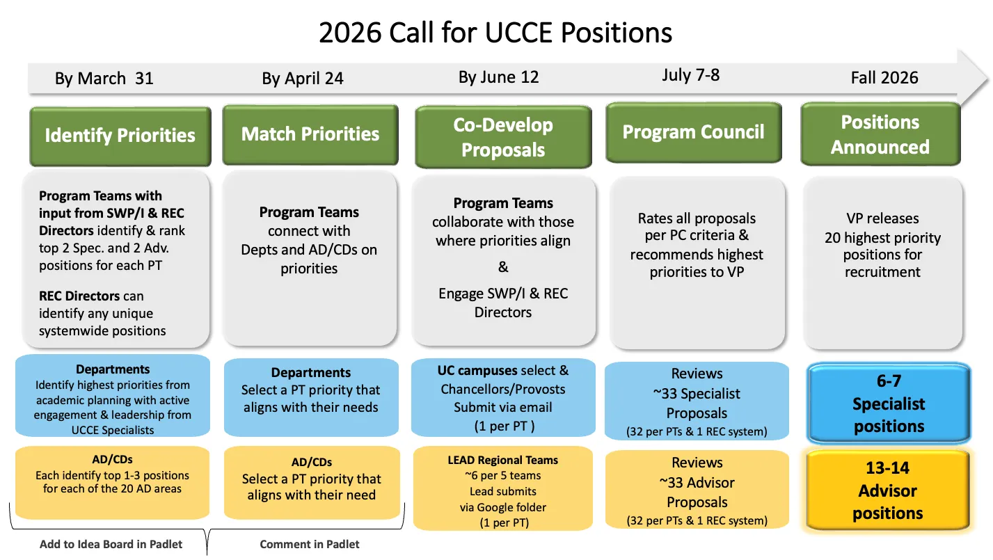 Flowchart titled "2026 Call for UCCE Positions" with five stages: Identify Priorities, Match Priorities, Co-Develop Proposals, Program Council, and Positions Announced. Each stage, with associated tasks, deadlines, and responsibilities, shows job allocation for specialists and advisors. Colors: green, gray, blue, and yellow.