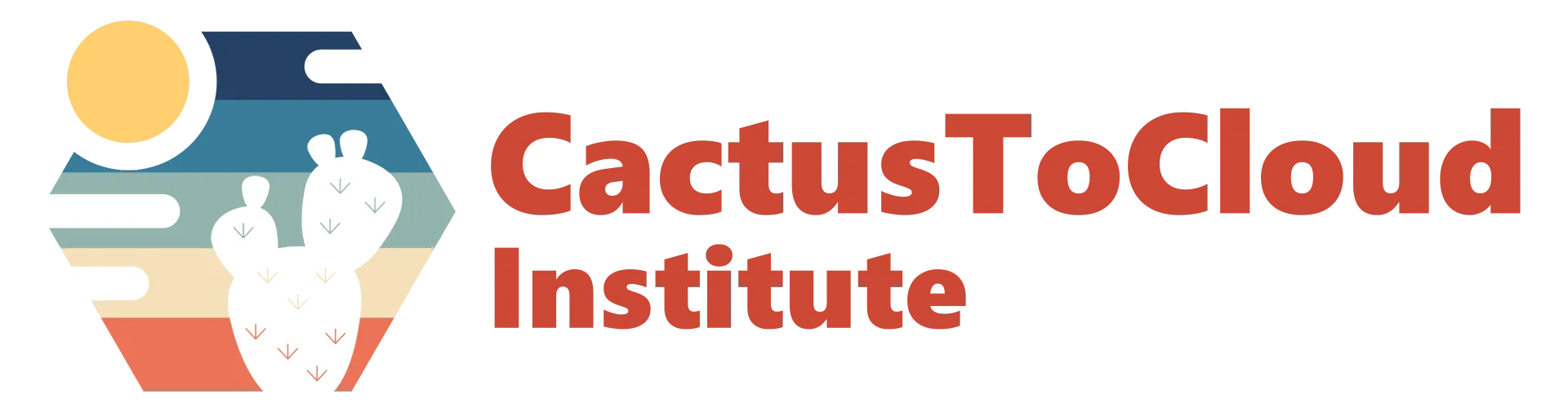 Cactus to Cloud logo with a multicolor sunset background and a small cactus in the foreground
