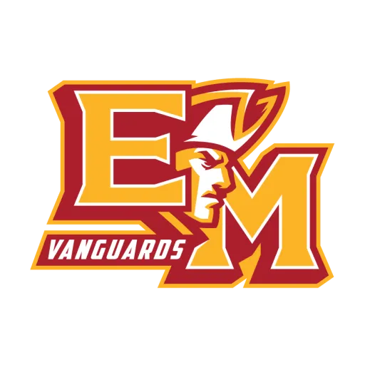 Yellow letters E and M with a man's face in between with the word Vanguards in the lower left hand corner