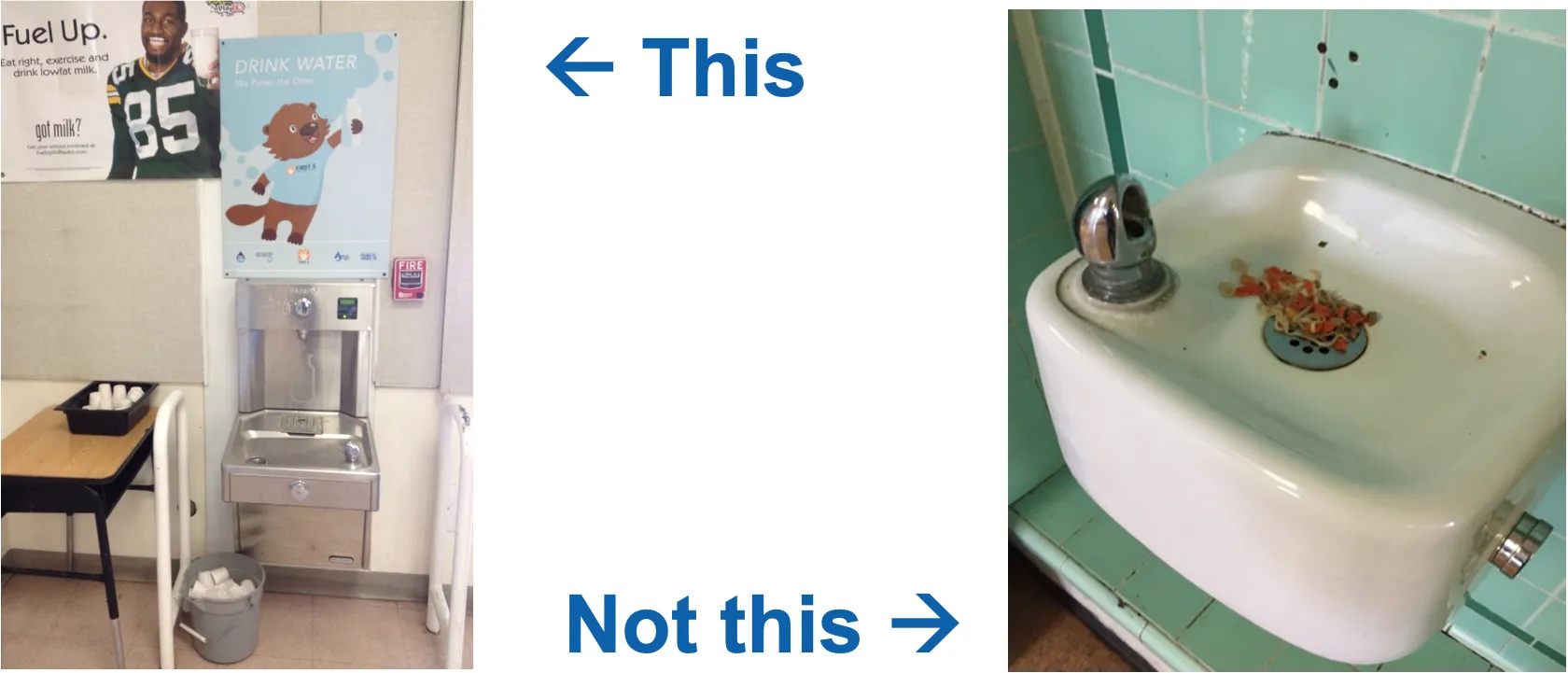 An arrow saying 'This' points to a water bottle filling station at a school. A second arrow saying "not this" points to a school drinking fountain filled with wasted food.