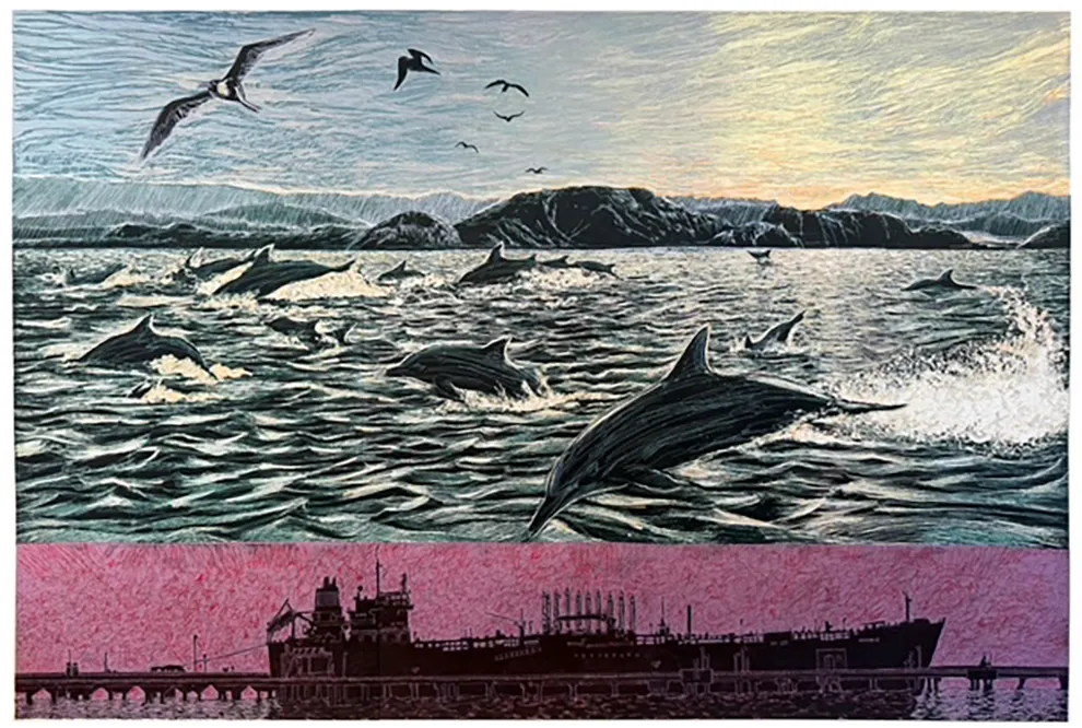 Latest work by Jos Sances: dolphins, seagulls and a tanker.