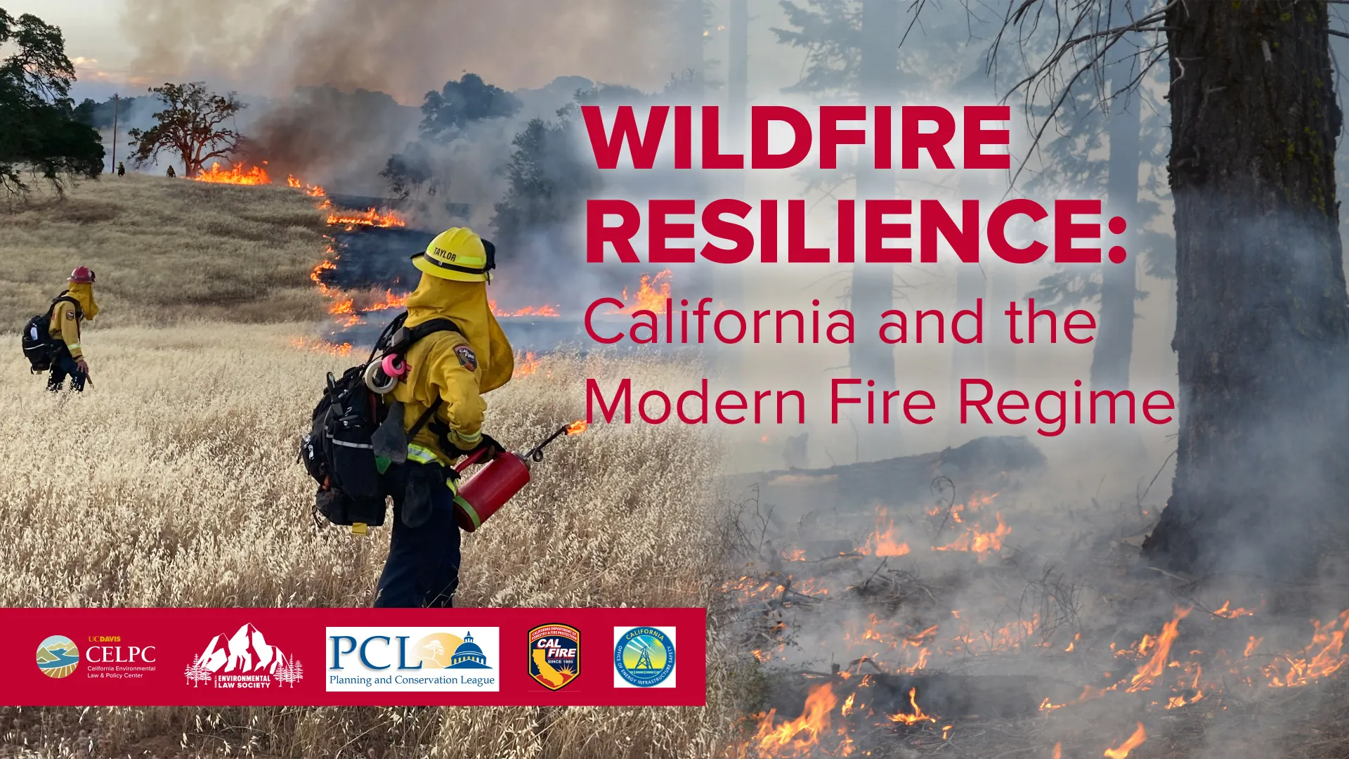 UC Davis event flyer depicting a CALFIRE employee conducting a prescribed burn in a grass field.