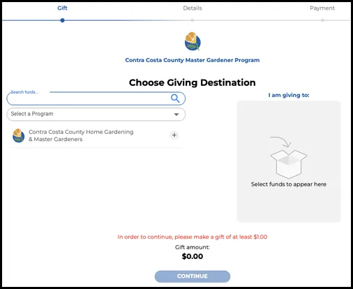 Here's a screeshot of the Online Gift webpage at https://give.ucanr.edu/forms/ContraCosta-MG