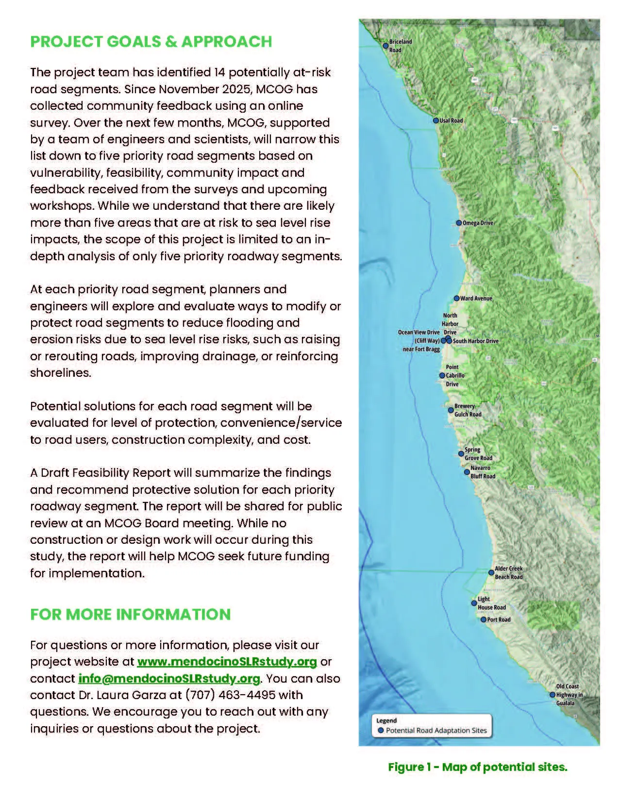 The document outlines "Project Goals & Approach" for evaluating at-risk road segments due to sea level rise. It includes community feedback, potential solutions, and a map of California's coastline highlighting 14 sites for road adaptation.