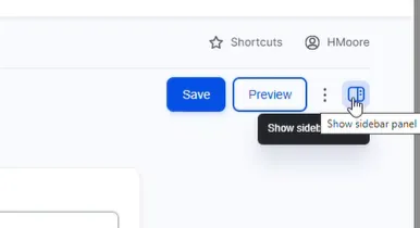 “Toolbar with Save and Preview buttons and a tooltip reading ‘Show sidebar panel’ next to a sidebar icon.”