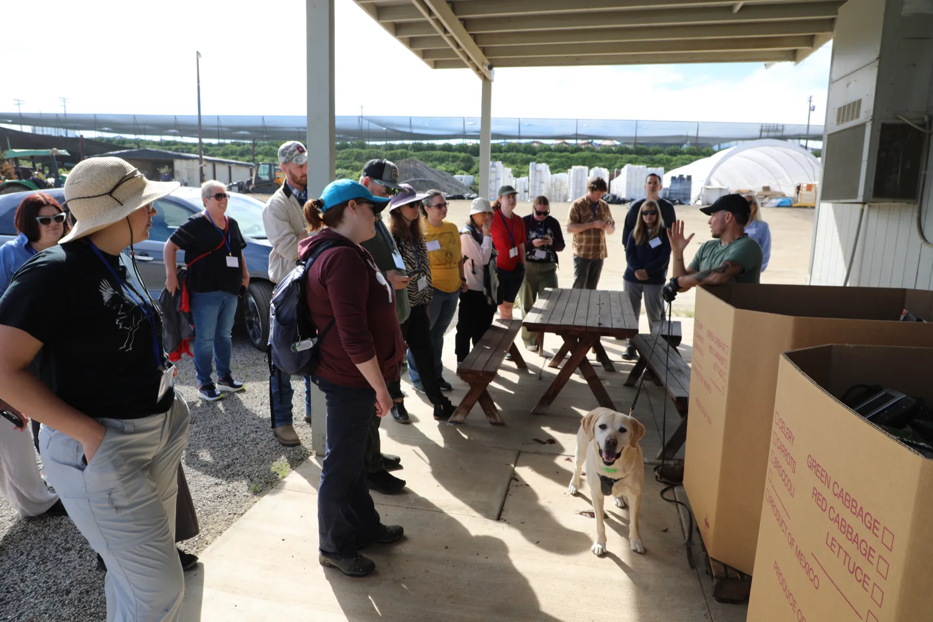 People stand around a person and a dog giving a presentation