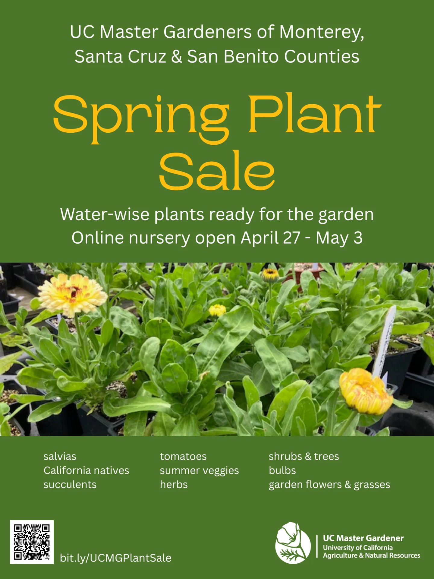 Green background flyer about our Spring Plant Sale on April 27 - May 3