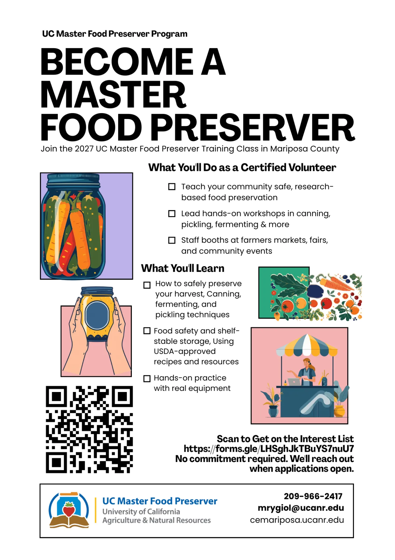 Recruitment flyer for the 2027 UC Master Food Preserver Training Class in Mariposa County