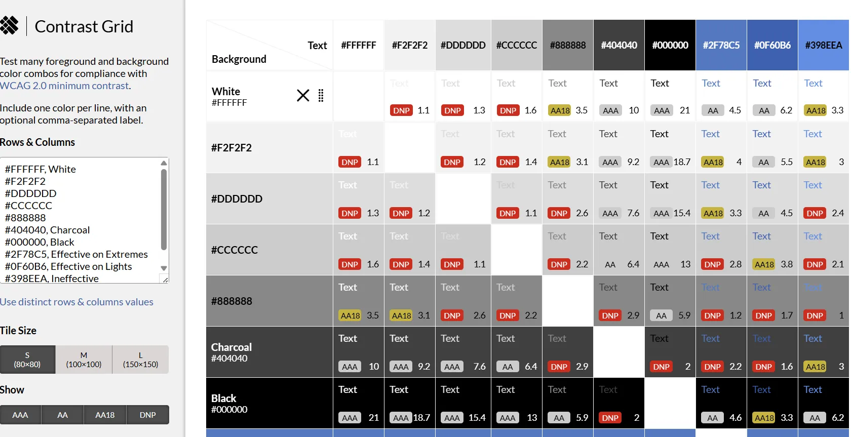 Figure 5: Eight Shapes Contrast Grid with option to enter hex codes in different rows and columns for different categories such s background, text, etc. 