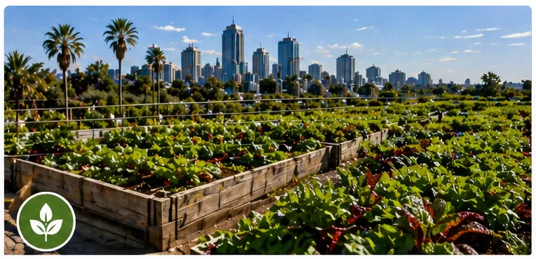 Raised garden beds in an urban farm with a city skyline in the background.