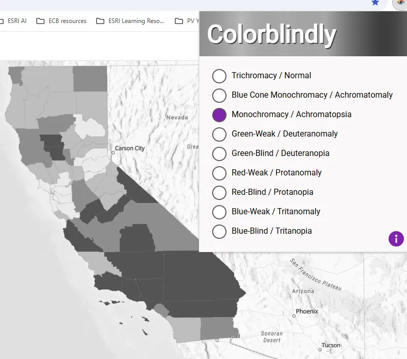 Red color ramp on California counties for monochromacy condition on Colorblindly extension