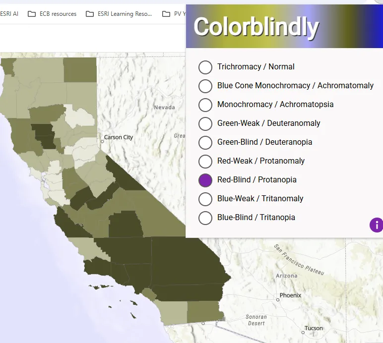 Red color ramp on California counties being displayed for red color blindness