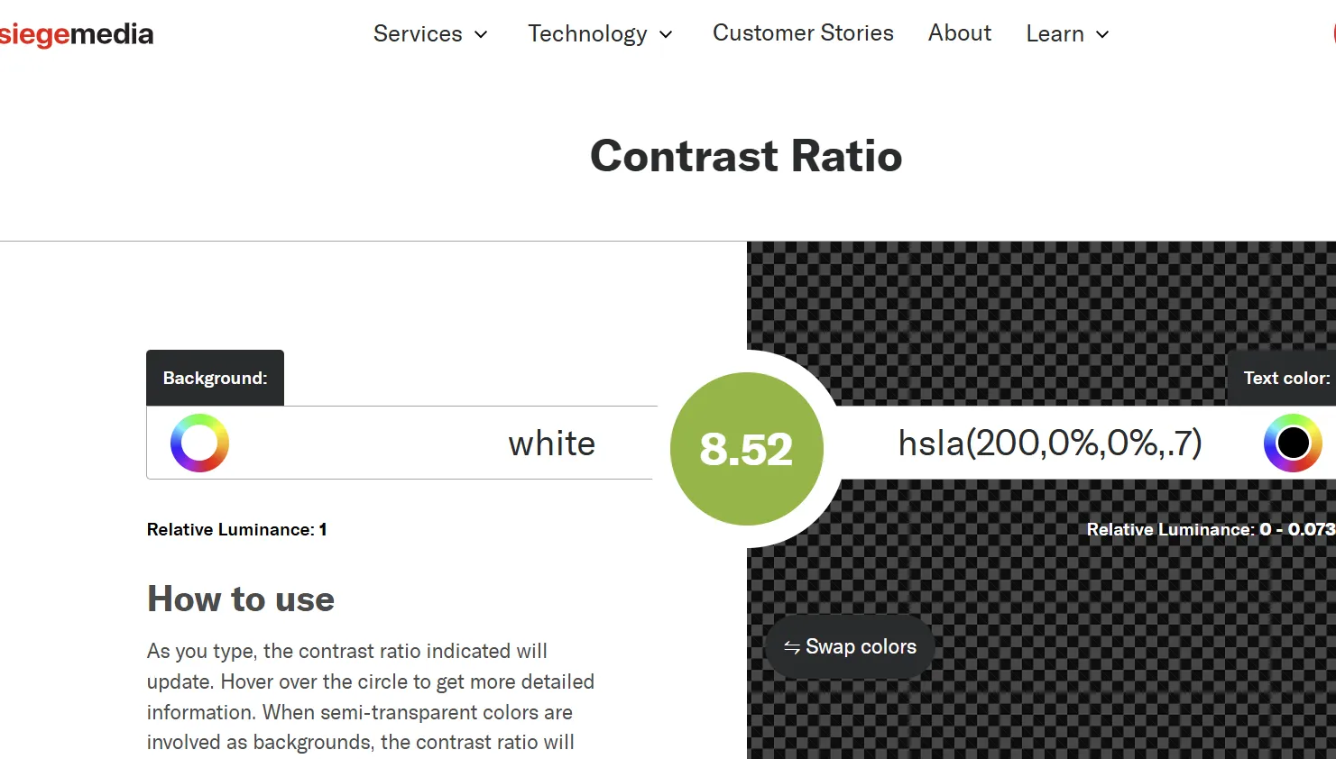 Figure 4: A preview of the siegemedia web page for analyzing color contrast ratio