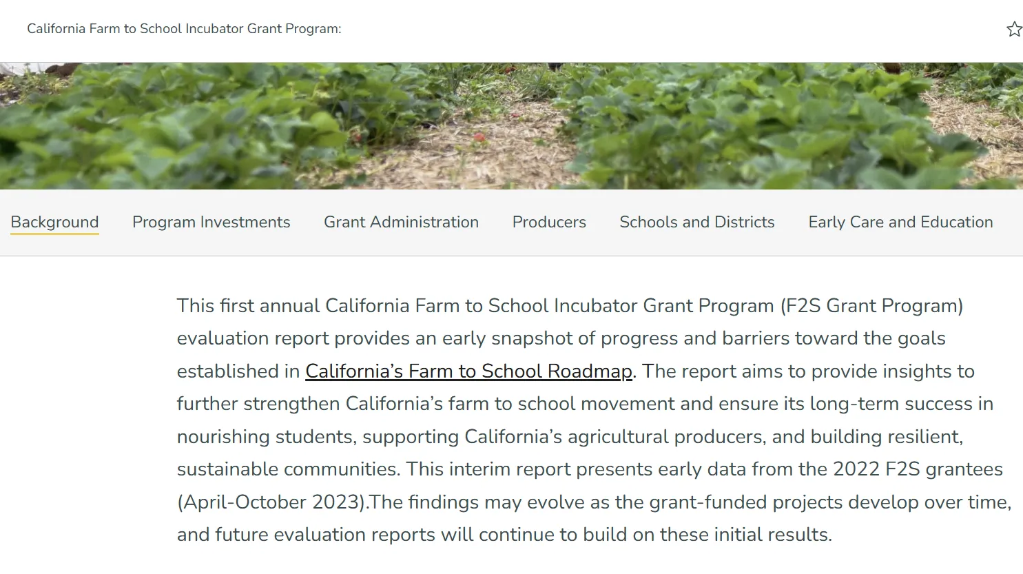 Tabs in the Farm to School StoryMap showing a background cover image on the top, followed by different sections as tab for navigating. 