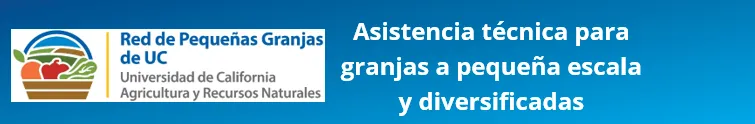 Un fondo de banner azul; logotipo de la red de pequenas granjas de UC; texto que dice asistencia tecnica para granjas a pequena escala y diversificadas