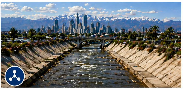 Flood control channel with flowing water and a city skyline in the background.