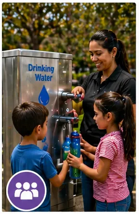 People filling reusable bottles at a public drinking water station.