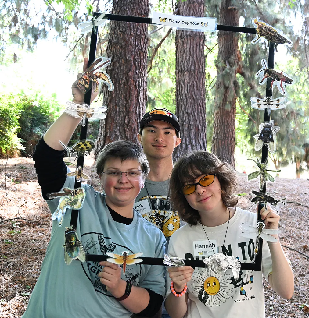 Bug enthusiasts Sam McCullough, Jack Mills and Hannah Petook are framed by a insect-themed frame.