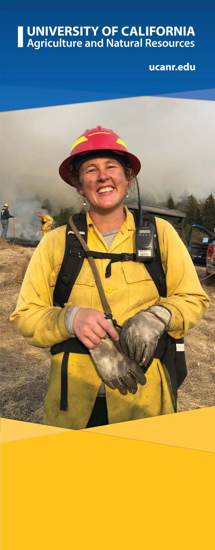 Person in fire fighting attire with a smokey sky behind them