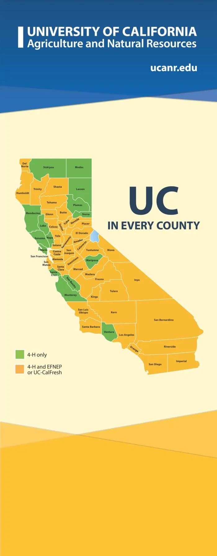 Map of california with county lines drawn and where each UCCE is