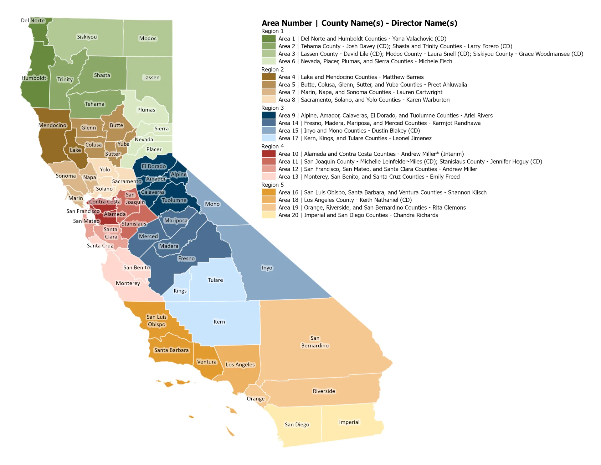 A color-coded map of California detailing the University of California Agriculture and Natural Resources (UC ANR) Cooperative Extension boundaries. The map is divided into five regions and 20 numbered areas, listing the assigned counties and the respective Area Director or County Director for each.