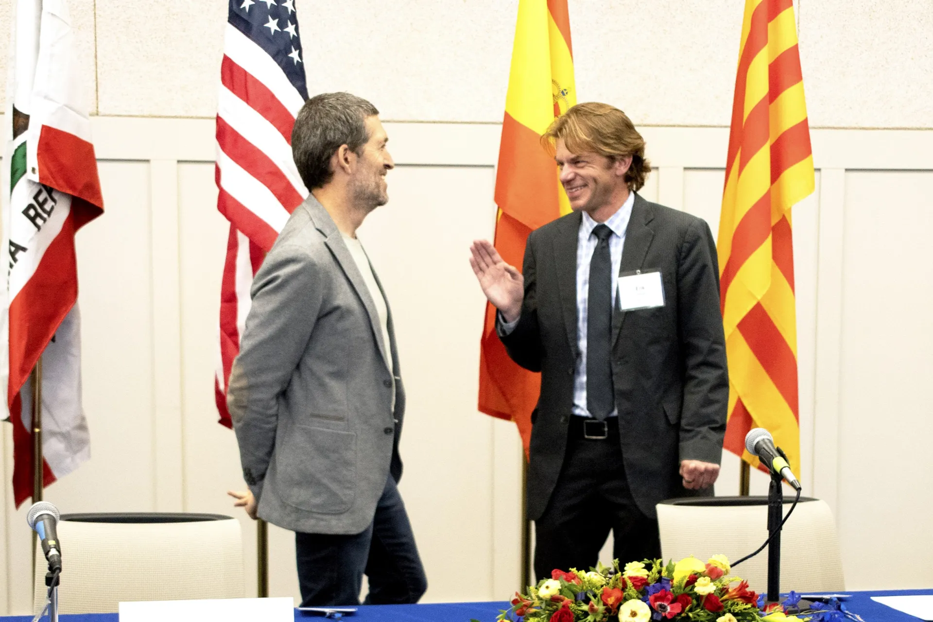 California Institute for Water Resources Director Erik Porse, at right, speaks with ICRA Director Vicenc Acuna