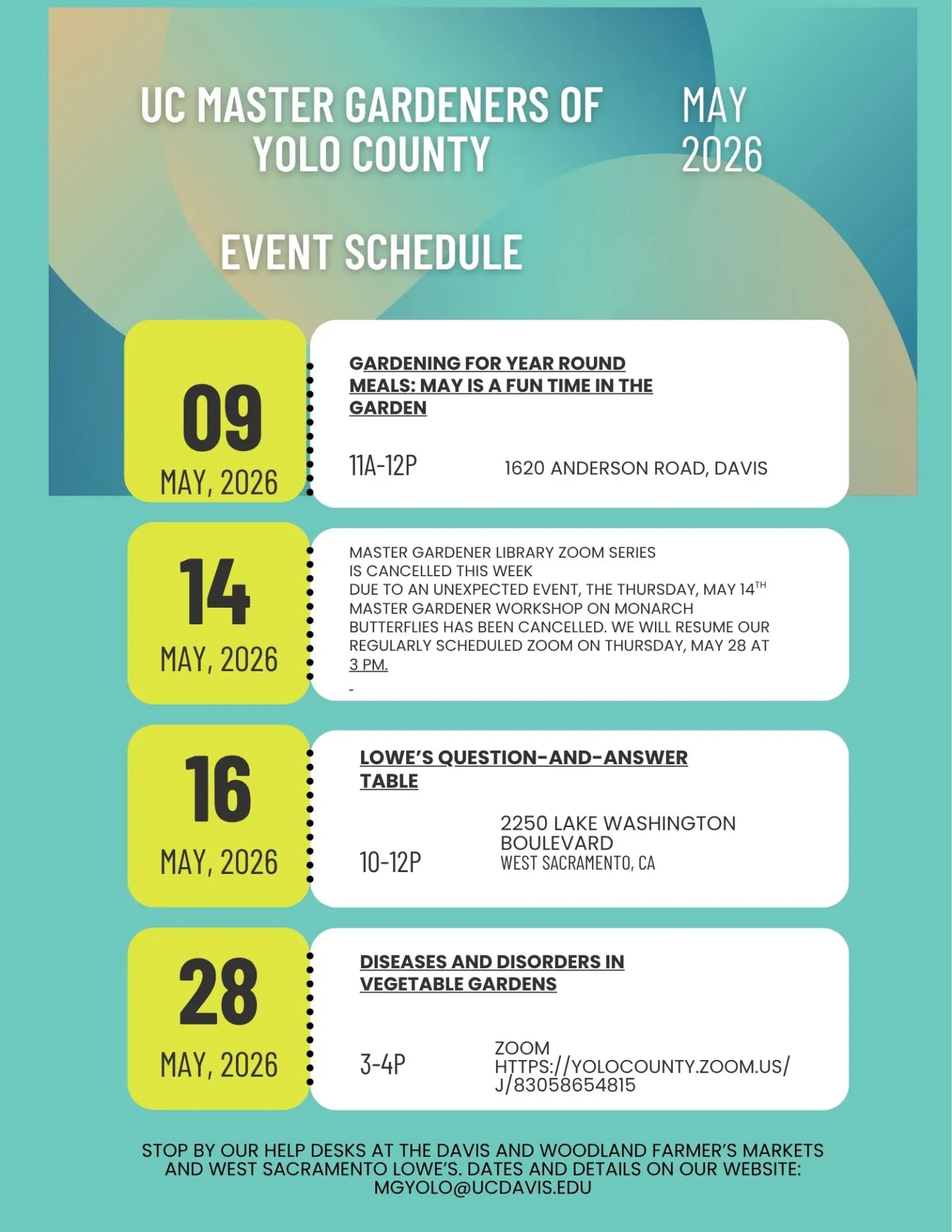 Up dated event calendar for May 14th class cancelled