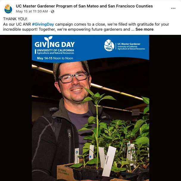 UC Master Gardener Program of San Mateo and San Francisco counties. A man holds a box of green plants.