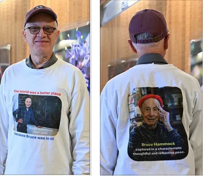 UC Davis Distinguished Professor Walter Leal wearing a shirt commemorating the late Bruce Hammock.