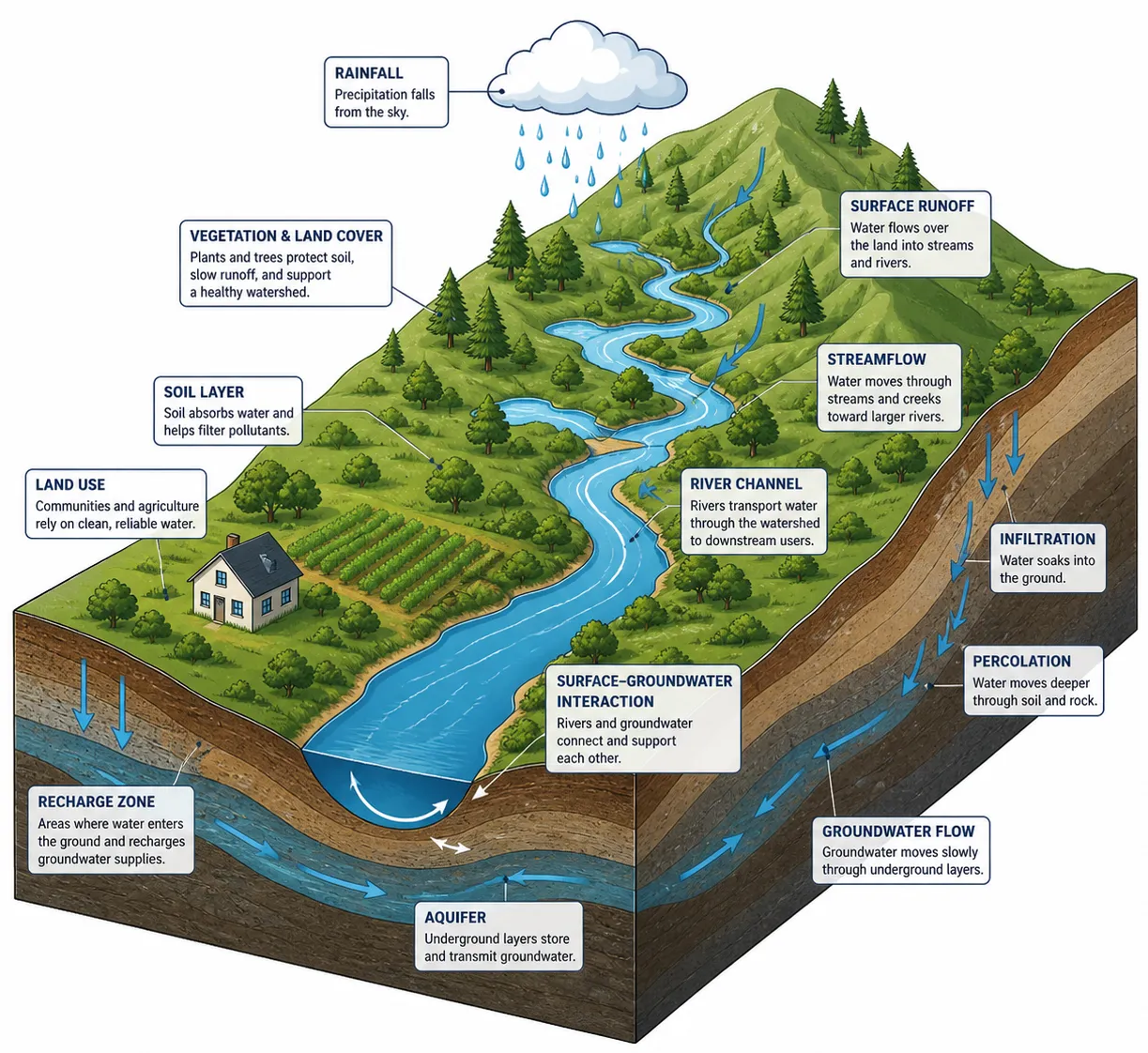 An illustrated cross-section of a landscape showing rainfall, streams, and a river flowing through hills, with arrows indicating surface runoff, infiltration, and groundwater movement through soil and rock layers