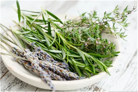 Fresh herbs in a white bowl including lavender, rosemary, and thyme.