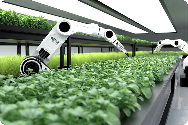 Concept image of agricultural robots working in a field