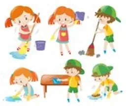 4-H Clean Up day images of six cartoon children doing cleaning jobs