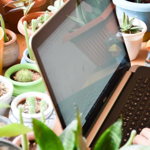 Laptop computer amongst plants on a desk