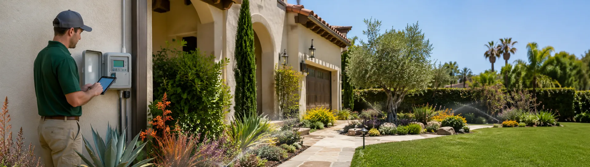Landscape professional adjusts a wall-mounted irrigation controller beside a Southern California home while sprinklers water drought-tolerant plants and lawn areas.