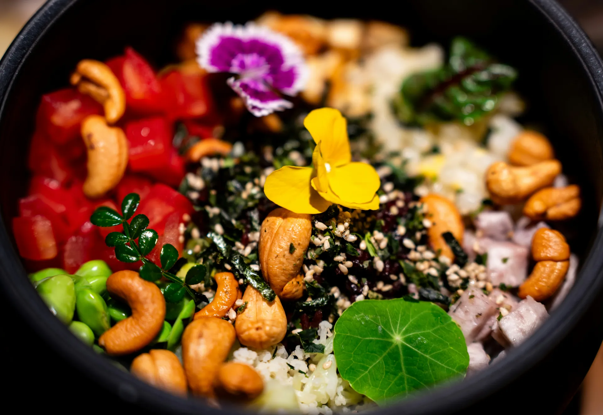 Nasturtiums in Salad with cashews.