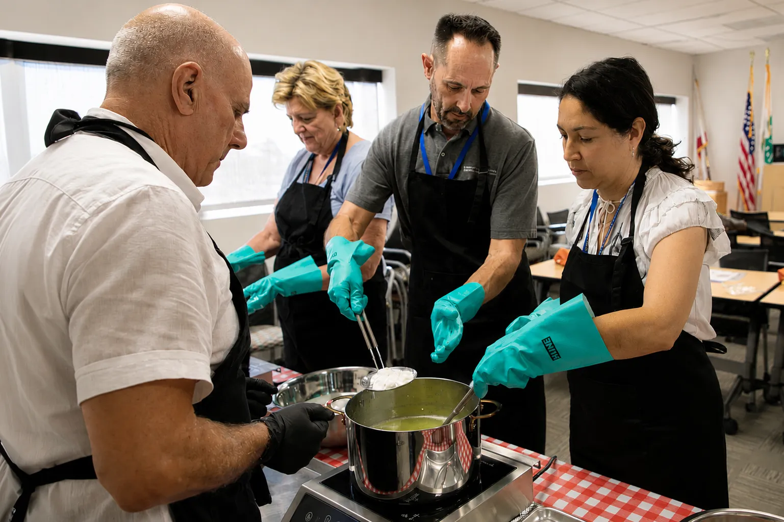 A man on left observes as a man and woman scoop cheese out of a pot