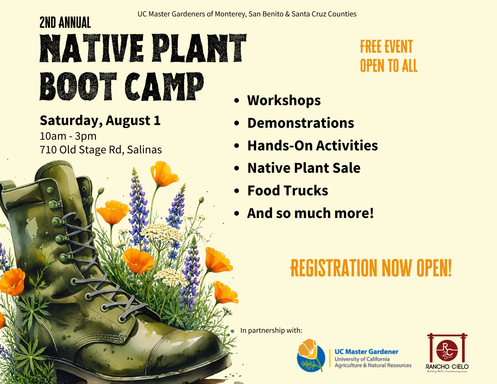Flyer for 2nd Annual Native Plant Boot Camp. August 1st at Rancho Cielo Youth Campus