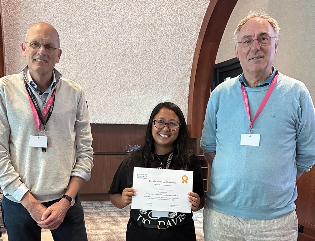 UC Davis doctoral candidate Pallavi Shakya, first-place winner of “Best Student/Early Career Talk” at the 36th Symposium of the European Society of Nematologists, is pictured with Wageningen University nematologists Geert Smant (left), professor and chair, and Hans Helder, associate professor.