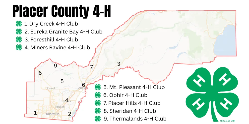 Map of Placer County showing the locations of the nine 4-H clubs on the map.
