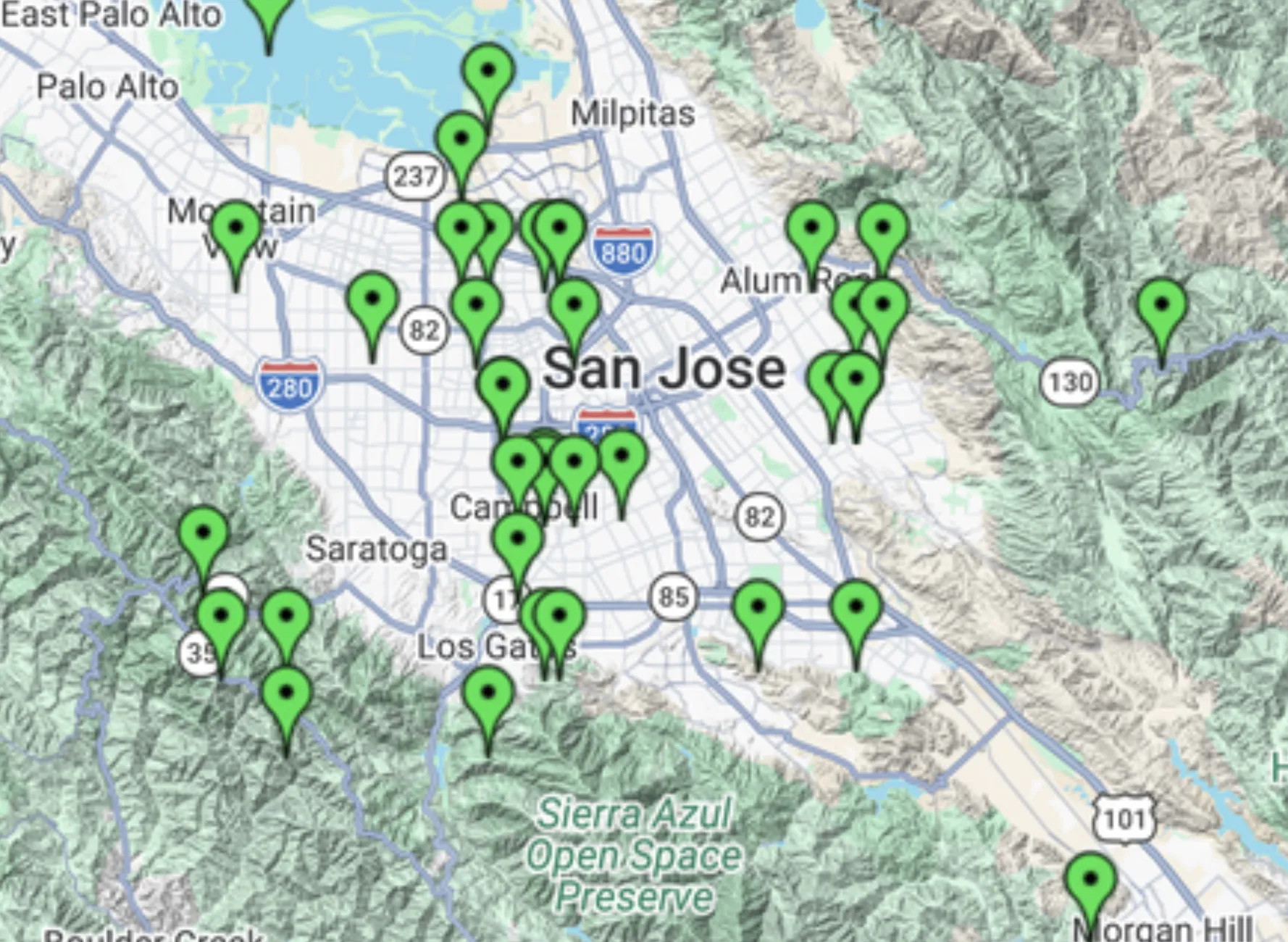 Map of Santa Clara County showing tomato trial participant locations from Palo Alto to Morgan Hill, many in the main valley, but ranging from the Santa Cruz foothills to the Diablo Range