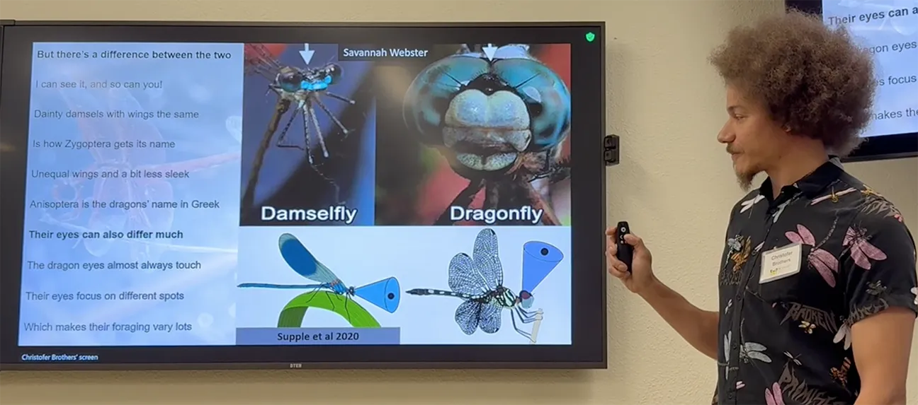 UC Davis doctoral candidate Christofer Brothers reads his rhyming prose at a Bohart Museum of Entomology open house.