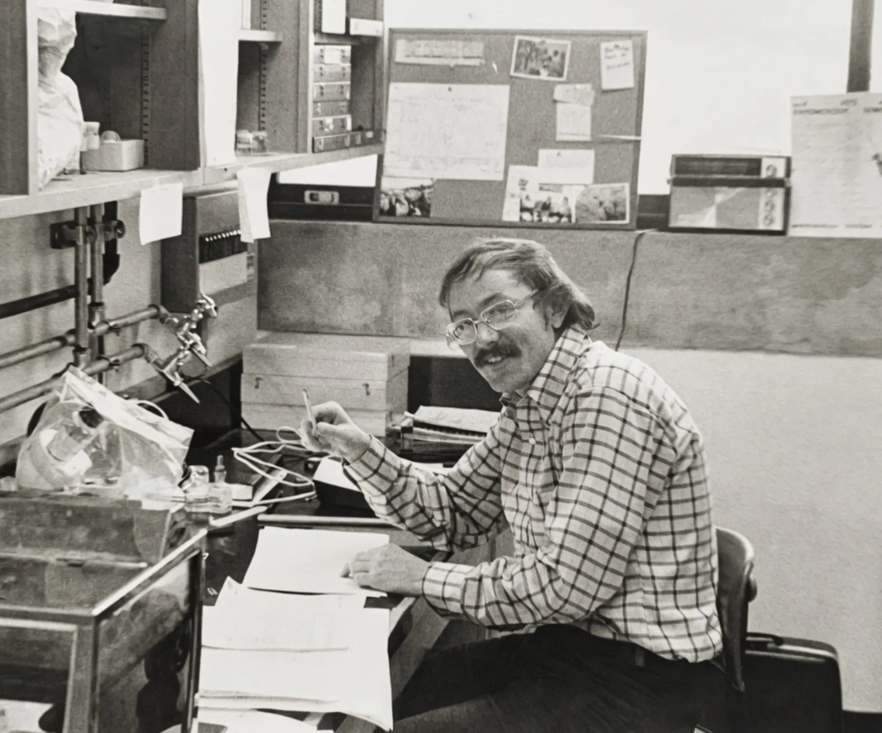 UC Davis graduate student Steve Clement at Briggs Hall, circa 1970s.