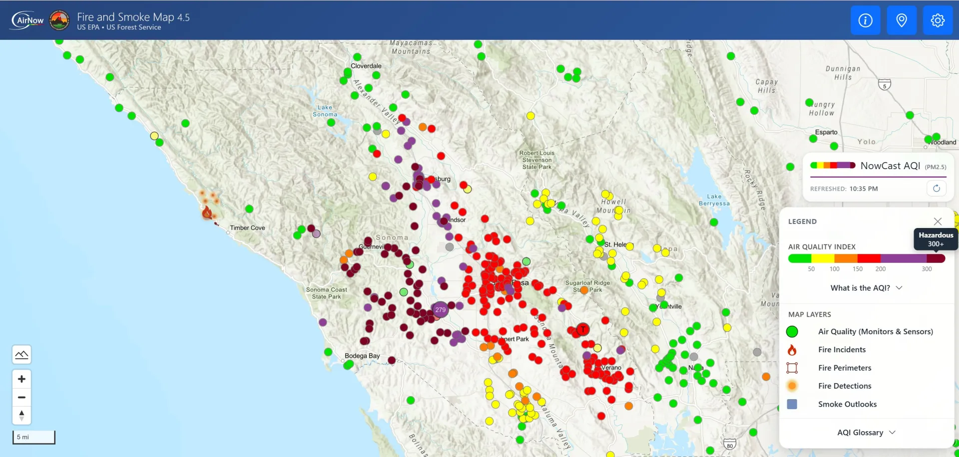 Color-coded AirNow AQI map showing wildfire smoke impacts across Sonoma County and the North Bay. Several locations are in the Hazardous category (AQI 300+), with surrounding areas ranging from Good to Very Unhealthy air quality.