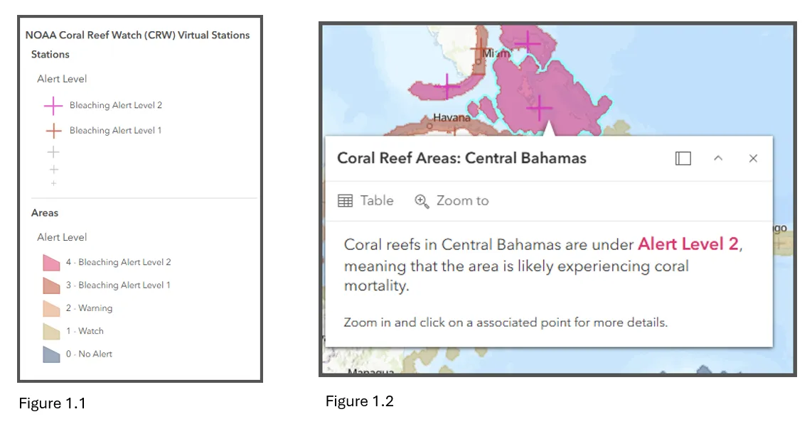 Figure 1.1 displays a map legend with categories for coral reef bleaching alongside a plain-text pop-up window in a web map in Figure 1.2. The legend for the coral reef bleaching states 0 for No-Alert, 1 for Watch, 2 for Warning, 3 for Bleaching Alert Level 1, and 4 for Bleaching Alert Level 2. Figure 1.2 contains a map interface displaying a pop-up window titled "Coral Reef Areas: Central Bahamas". The pop-up contains the text: "Coral reefs in Central Bahamas are under Alert Level 2, meaning that the area