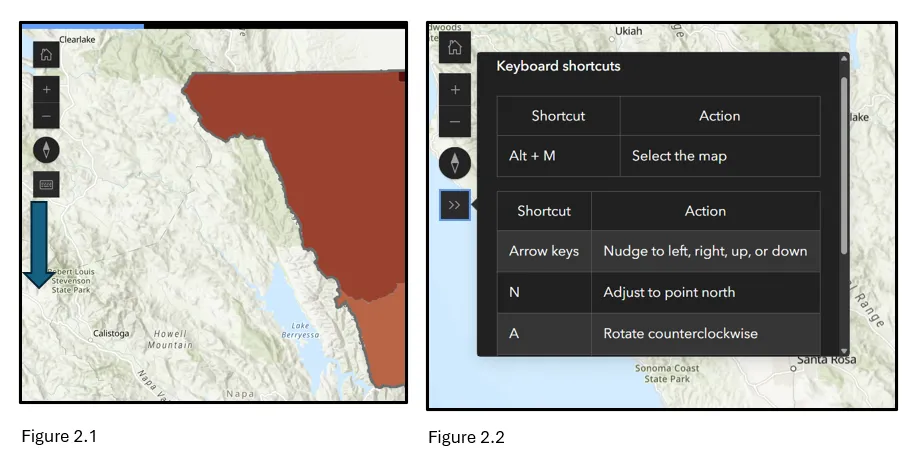 A screenshot of an ArcGIS Instant App interface showing an accessibility keyboard widget enabled at the top of the app (Figure 2.1). Figure 2.2 shows the expanded menu that appears when the widget is clicked, displaying the specific keyboard shortcuts users can use to navigate the app's elements without a mouse.