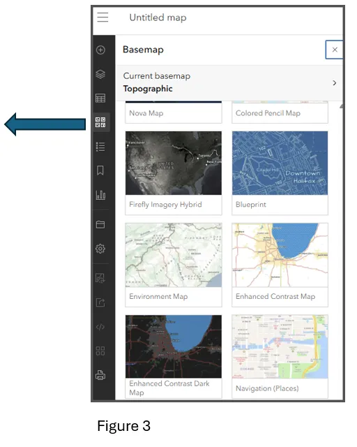 A screenshot of the Map Viewer interface displaying the basemap gallery. The gallery highlights various high-contrast basemaps with distinct place label font colors and background colors designed to meet accessibility guidelines.