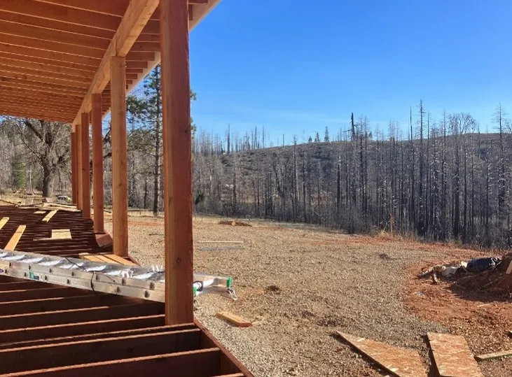 Housing frame next to a severely burned forest.