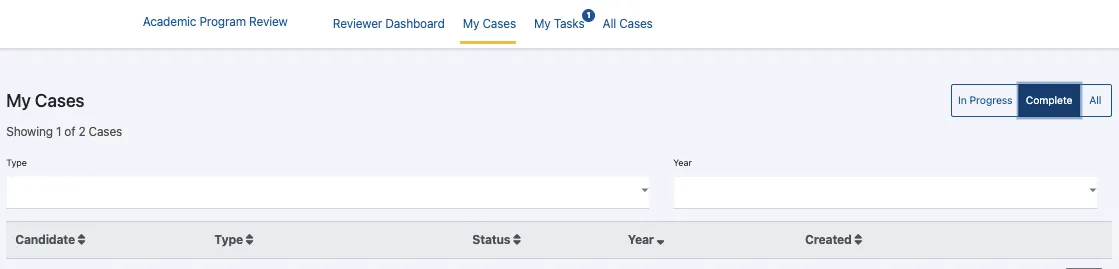 Screenshot of Academic Program Review with My Cases and Completed filter selected.